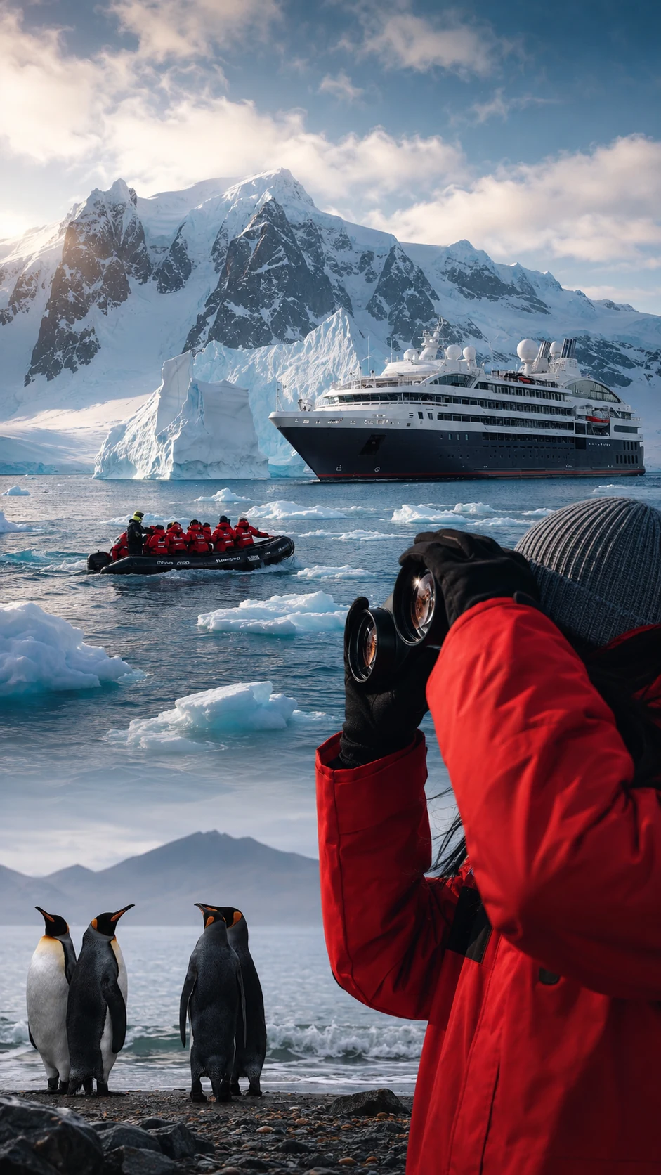 Viajera observando fauna antártica durante una expedición polar