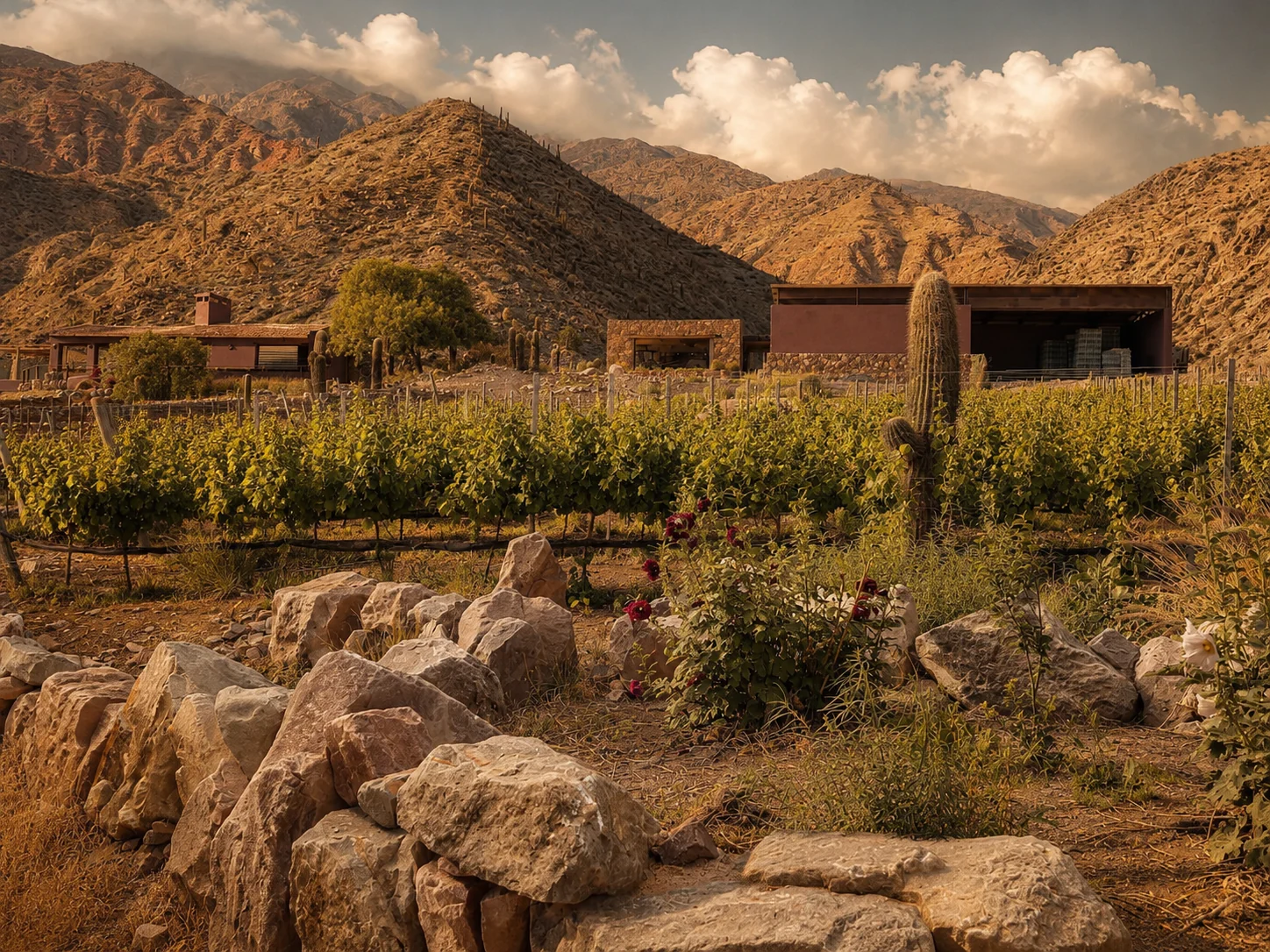Paisaje del Norte Argentino con cactus y viñedos